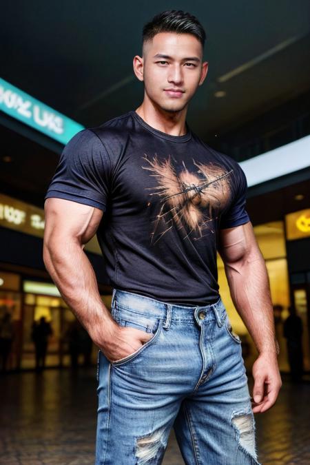 masterpiece, best quality, highres, realistic, handsome, photogenic, syahnk, as (handsome fuckboy, confident smirk, looking at viewer, torn jeans, (huge biceps),muscular male, (skin tight blue t-shirt), ((induction cut, buzzcut, black hair, stubble head)), (shopping mall background), intricate detail, HDR, octane, 8k) ,<lora:add_detail:1.5>, <lora:syahasianV2:1>