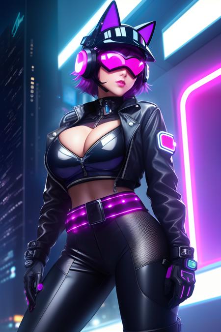 masterpiece, best quality, 8k wallpaper, video game loading screen, intricate detail, detailed lighting and shadows, dark atmosphere, anime cyber girl, rainy night in the city, (cybernetic), neon buildings, rain in background and foreground, hero costume, short purple hair, medium breasts, heart shaped neon eyes, blue and black outfit, neon, athletic body, (blue lipstick), wearing helmet with neon heart visor, short black (leather jacket), open jacket, sports bra, (armored police officer), neon hearts on cat years, (eyes covered) by visor, neon hearts on visor, wearing visor, neon cat ears, action shot, form fitting clothing,  toned body, clothes cutout, wide hips, skintight, elbow gloves, solo, slutty, cyberpunk, neon lights, revealing clothing, cleavage, bangs, milf, mature woman, gadgets, skin indentation, thick thighs, detailed lips, led lights, night city, gadgets on waist, big belt buckle, blue cuffs