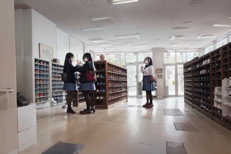 best quality, ultra-detailed, illustration,
getabako, scenery, indoors, shelf, tiles, ceiling light, window, tile floor, shop, reflective floor, ceiling
multiple girls, glasses, black hair, long hair, standing, red necktie, pantyhose, white shirt, shoes, school uniform, blue skirt, collared shirt,
 <lora:getabako1_SD15_V1_DIM4:1>