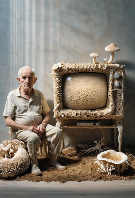 mycelium (old men:1.3) watching TV, ral-mycelium, sunlight, 8k, F2.8, RAW Photo, ultra detailed  <lora:ral-mycelium:0.8>  <lora:xl_more_art-full_v1:0.5>