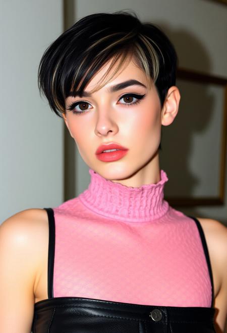 a beautiful 20 years old caucasian androgynous man, pale skin, black hair in pixie cut haircut with blond highlights, long black eyelashes, black mascara, black eyeliner defines his brown eyes, pink eyeshadow, luscious pink lips, rouge, thin, body with no visible muscles, lace high neck pink crop top, black leather mini skirt, looking at viewer