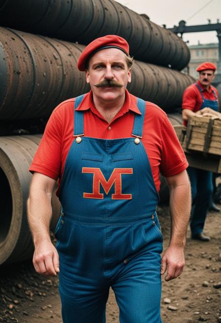 ((Film poster , dynamic photograph from a colorized, 1936 Soviet live action film titled (" братя супер марио" )) , ((about a short fat Italian proletarian plummer wearing (a big bushy moustache), (blue overalls), (red shirt) , (a big red cap that has the letter "М"  seen printed on the front)),  ((the short fat Italian proletarian plummer wearing (a big bushy moustache), (blue overalls), (red shirt) , (a big red cap that has the letter "М"  seen printed on the front),  travels through green pipes and smash big brown bricks, in a magical kingdom)) , ((the short fat Italian proletarian plummer wearing (a big bushy moustache), (blue overalls), (red shirt) , (a big red cap that has the letter "М"  seen printed on the front), is seen saving a (blonde woman in a dress)), ((the blonde woman in a dress) is seen being rescued by the short fat Italian proletarian plummer wearing (a big bushy moustache), (blue overalls), (red shirt) , (a big red cap that has the letter "М"  seen printed on the front)),  
[(Cinematic still), (photograph from a 1936 soviet film) (using 35mm, agfacolor film stock), (using State Optical Institute cine lenses),  ((colorized with the 1936 style Bipack colourisation method)) (Communist Soviet Heroism) , ( Sovietpunk superheroes)]