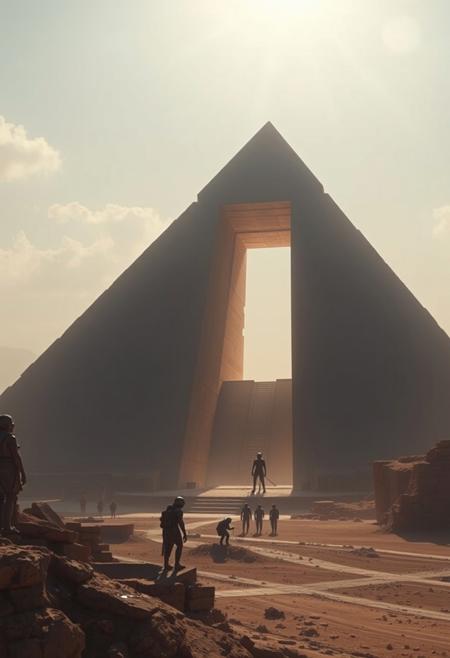 (photorealistic, realistic, masterpiece, best quality, amazing quality, very aesthetic, absurd res, scenery, glossy image, shiny image, dramatic lighting, volumetric lighting, dramatic shadows). 
Aliens are building an Egyptian pyramid.