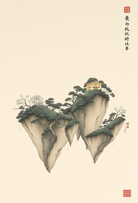 Floating Fairytale Islands , Japanese art, contemporary Nihonga, muted tones, gold leaf accents, intricate linework, serene expressions, traditional patterns, elegant composition, delicate textures, minimalist details, feminine beauty, soft color palette, timeless aesthetic, nature-inspired motifs, graceful, harmonious balance.
