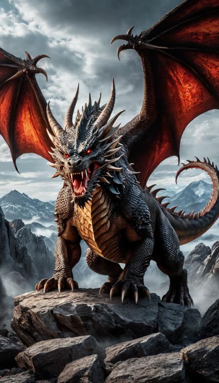 The image features a large, fierce dragon with a prominent set of horns, standing on a rocky surface. The dragon's mouth is wide open, revealing its sharp teeth and fiery breath. The dragon's body is covered in scales, and its eyes are glowing red, adding to its menacing appearance. The scene is set against a backdrop of a cloudy sky, a man standing against the dragon from afar, further emphasizing the dragon's powerful presence. <lora:add-detail-xl:3>