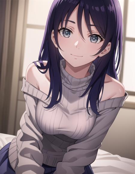 yuri kotobiki, long hair, black hair, (grey eyes:1.3), off shoulder, sweater, purple sweater, skirt, white skirt,