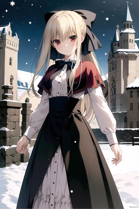 (masterpiece, best quality,highres,extremely detailed),sioneden,1girl, solo, hair bow,bowtie,red capelet,long dress,expressionless,standing,outdoors,Traditional European style architecture,castle,  night,snowing,