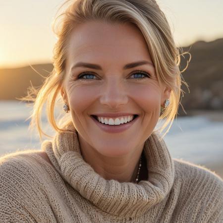 A hyper-detailed, high-resolution (8K) close-up portrait of a 40-year-old woman with sleek blonde hair tied back , wearing an oversized detailed beige knit sweater with delicate silver jewelry. Her striking blue eyes gleam with warmth, framed by delicate laugh lines that enhance her inviting charm. Subtle Wrinkles on her face, natural skin texture, Detailed natural skin, The background is a sunset beach, the golden hour, Shot with a Hasselblad H6D-100c medium-format camera, using a tight crop and shallow depth of field (f/2.8) to emphasize the fine details of her woolen sweater and natural skin texture. The lighting is warm and diffused, casting a golden glow reminiscent of a Thomas Kinkade painting.