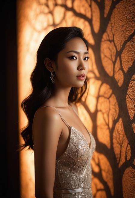 A young american woman with a warm, golden-brown skin tone and striking features stands in a dimly lit, empty room with a shallow depth of field, her slender figure tilted at a 45-degree angle, echoing the style of Wong Kar-wai's moody cinematography. Soft, diffused sidelight from a single warm-toned LED panel, positioned at a 90-degree angle to her right profile, casts a gentle glow on her face, accentuating her serene expression and delicate features. A pastel-colored fractal tree design, with hues of orange, black, and white, adorns her back, its trunk tracing the curve of her spine, while her dark hair cascades down her back like a waterfall, partially obscuring the intricate design. The camera's aperture is set to f/1.8, creating a dreamy bokeh effect, with the film grain subtly visible, adding to the moody atmosphere, and the color grading is set to a warm, muted palette, reminiscent of old film stock.
<lora:add-detail-xl:1>
<lora:SDXLFaeTastic2400:0.2>