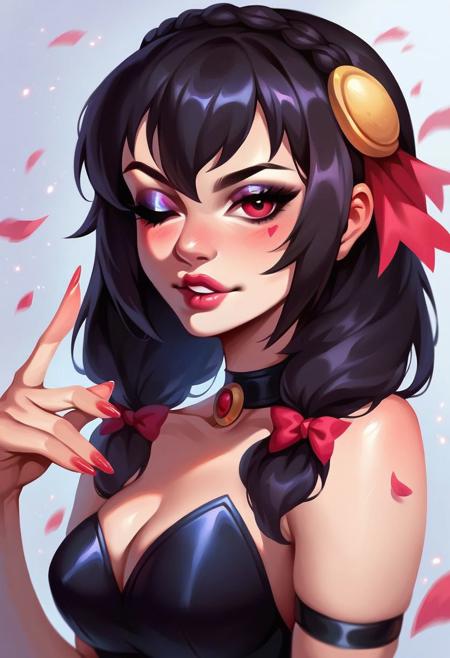 score_9, score_8_up, score_7_up, score_6_up, score_5_up, score_4_up , 1girl, yunyun from Konosuba, cowboy shot, looking at viewer, extremely detailed face, highres, absurdres, masterpiece, best quality,
lipgloss, lip liner, full eyelashes, eyeshadow, eyeliner, mascara, blush, heavy makeup, parted lips, half-closed eyes, wink