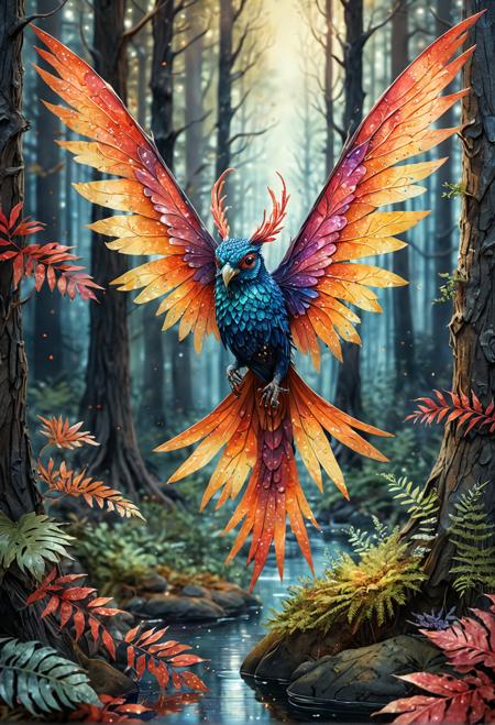 The creature: Glitterwings - a mystical, iridescent being with delicate wings and shimmering scales.  Lighting: Warm, soft golden light, rich berry reds, velvety blacks, deep blues, radiant whites, and fiery oranges.  Camera angle: Aerial view, looking down on the Glitterwings as it hovers above the forest floor.  Drawing style: Watercolor, mixed media (watercolors, ink, colored pencils).  Prompt: High-quality, 4K, detailed, ultra-HD rendering of this fantastical creature in a whimsical forest scene.