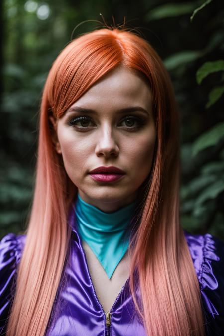 A stunning intricate full color portrait of mph, dressed as daphne from scooby doo, epic character composition, by ilya kuvshinov, alessio albi, nina masic, sharp focus, natural lighting, subsurface scattering, f2, 35mm,<lyco:MadelainePetsch-RealVision-V1.0:1.0>,