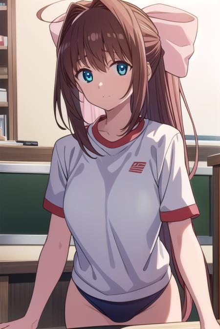 otomeasakura, <lora:otomeasakura-lora-nochekaiser:1>,
otome asakura, long hair, brown hair, bow, ahoge, hair bow, pink bow, blue eyes,
BREAK gym uniform, buruma, red buruma,
BREAK looking at viewer,
BREAK indoors, classroom,
BREAK <lyco:GoodHands-beta2:1>, (masterpiece:1.2), best quality, high resolution, unity 8k wallpaper, (illustration:0.8), (beautiful detailed eyes:1.6), extremely detailed face, perfect lighting, extremely detailed CG, (perfect hands, perfect anatomy),