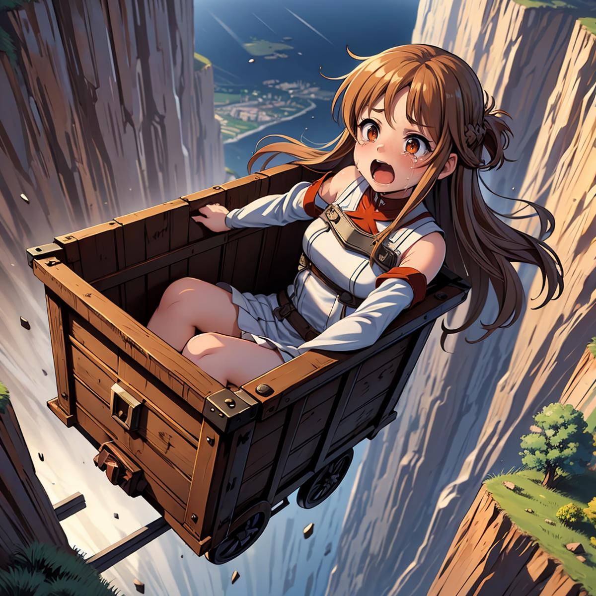 A young girl is riding in a wooden crate that is being pulled by a rope.