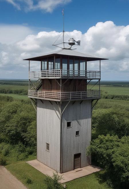 watchtower which is an aerial surveillance structure built between 1940 and 1942. the wooden building has an asphalt shingle cladding comprising a four-story square tower topped with a terrace and metal guardrail. Add three rectangular annexes to the building. backgound  plane  1942, Cululus river and clouds background