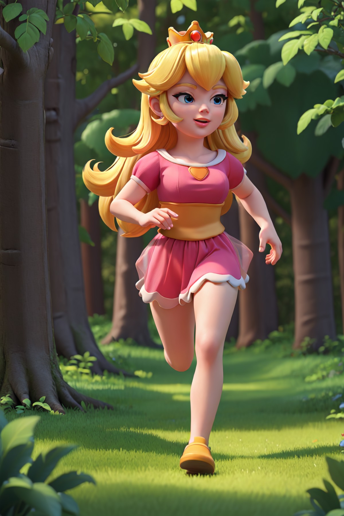 masterpiece, best quality, Princess peach running in the forest
