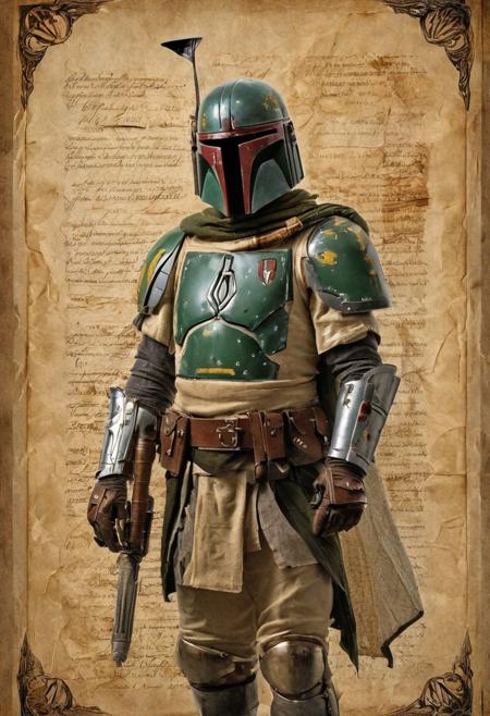 Boba Fett as medieval knight, old scroll with illumination