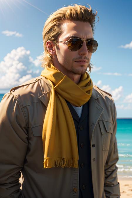 Kazuhira Miller,  blue eyes,  blond hair,  (shaved face:1.2),  wore aviator sunglasses,  guerrilla outfit,  (yellow scarf),  fit body,  handsome,  charming,  alluring,  smile,  intense gaze,  (standing),  (upper body in frame),  costa rica beach location,  sky,  perfect light,  perfect anatomy,  perfect proportions,  perfect perspective,  8k,  HQ,  (best quality:1.2,  hyperrealistic:1.2,  photorealistic:1.2,  madly detailed CG unity 8k wallpaper:1.2,  masterpiece:1.2,  madly detailed photo:1.2),  (hyper-realistic lifelike texture:1.2,  realistic eyes:1.2),  picture-perfect face,  perfect eye pupil,  detailed eyes,  realistic,  HD,  UHD,  front view,<lora:EMS-498-EMS:0.100000>,<lora:EMS-264989-EMS:0.600000>