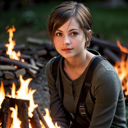 (photo realistic:1.4), a photo of WillaHolland with short hair crouching close to a camp fire at night, (facing viewer, looking at viewer), ultra high quality 8k uhd, high detail, realistic fire