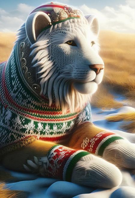 Day, sunny, score_9, score_8_up, score_7_up, score_6_up, score_5_up, score_4_up, UHD, 8K, masterpiece, detailed, ultra_high_resolution, lots of detail, OverallDetailXL, ChristmasSweater, Leon on the savanna.