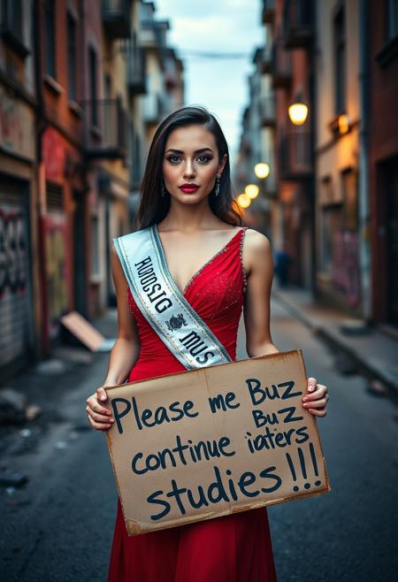 A strikingly beautiful woman, embodying elegance and charm, styled as Miss Hungary in a glamorous red evening gown with a sparkling silver sash that reads “Miss Hungary.” She is standing on a dilapidated urban street at dusk, holding a worn and slightly rotten cardboard sign with bold handwritten text: “Please give me Buzz to continue studies!” Her expression is a mix of hope and determination, her makeup impeccable but subtle, with a soft blush and bold red lips. The background is a mix of faded buildings and graffiti, adding contrast to her radiant appearance, evoking a sense of resilience amidst adversity. The lighting is soft and cinematic, casting a gentle glow on her figure.