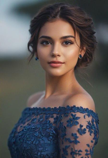 [Create a highly realistic photo of a young, slight smile, camera focused around 21 years old [Tamil:Caucasian:1:1] girl model in deep blue-purple dress and blue-purple field background. The image should be detailed and lifelike, making it challenging to discern whether it's a real photograph or a digital creation. Focus on achieving realism in her facial features, skin texture, and hair, and ensure the lighting contributes to the overall authentic appearance. Hair is long and silky, floating in air. Partially visible earrings. Dimple. (Detailed gray eyes)] detailed, romantic, very inspirational, beautiful, elegant, lovely, cute, pretty, modern, epic composition, fabulous atmosphere, cinematic light, dynamic dramatic ambient, (sharp)