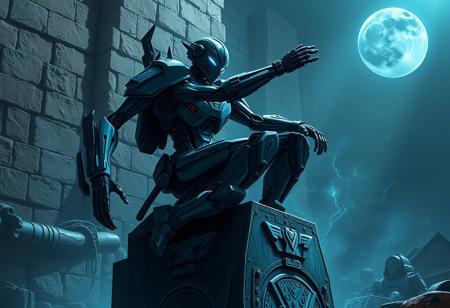 Create a cinematic, highly detailed digital painting of a Lunarpunk robot sitting on a Charging Construction in an action pose, inspired by Nicomachus of Thebes and goth transformers. The scene should be set in a dark, stone-walled environment with power energy emanating from the construction. Incorporate a beautiful, stray-like picture in the background and use a gradient blue-black color scheme with spotlight effects. The composition should adhere to the golden ratio and feature intricate, lifelike details. The overall style should be reminiscent of the works of Artgerm and Greg Rutkowski, with a mix of elegant and brute elements.