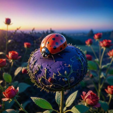 anime key visual, fairy tale, wide angle of a (Ladybird:1.3) , the Ladybird is very Bridal and Overwrought, from inside of a Crude Jungle, desolate nature with Roses, at Sunset, horizon-centered, Cosy, Still Life, key light, telephoto lens, Vivid Colors, dark indigo paint splotches, magnificent, Highres, adobe lightroom