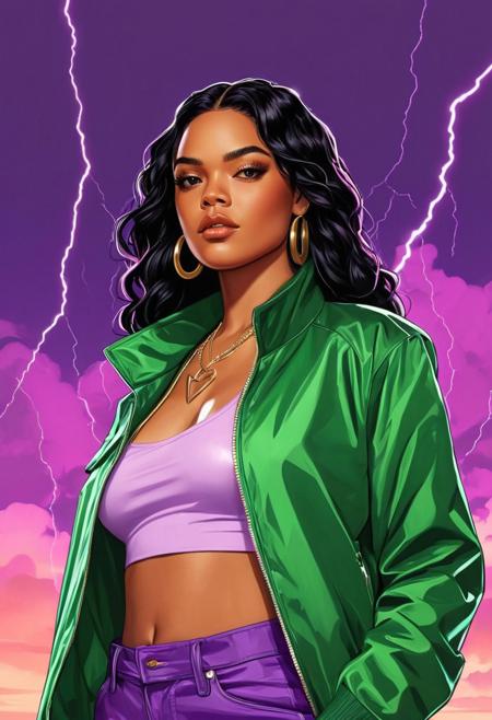 flvcil10 style, a woman with long black hair wearing a green jacket, gta vice city cover art, brown skin. light makeup, art in the style of disney, amazing lightning art, purple aethetic, tessa thompson, lizzo, portrait of megara, by Nene Thomas, beautiful 3 d rendering, eyecandy