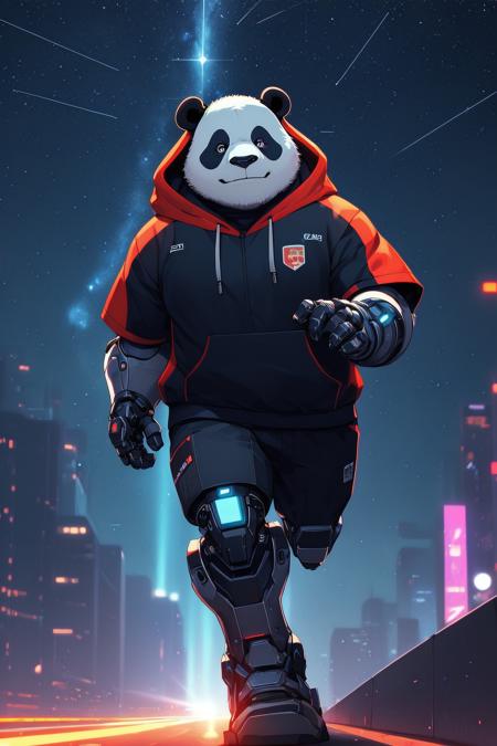 (a cyborg anthropomorphic giant panda male furry is running in the street:1.1), (He has very fluffy fur on cheek and animal head:1.1), (mechanical arms and hands, mechanical legs and boots, gloves:1.1), (He wears a short sleeves red hoodie with both proud and serious on his face:1.1), (His eyes are black and shine and looking afar:1.1), 
BREAK cityscape, backlighting, night, moonlight, starry sky, shooting star, constellation, masterpiece, best quality, realistic, illustration, cyberpunk, science fiction, medium shot, dutch angle, <lora:align_sd_lora:0.5>