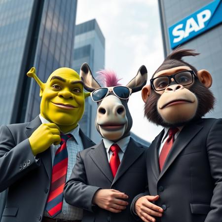 Three businessmen with the faces of Shrek, Donkey, and a monkey, all wearing business suits, standing in front of skyscrapers. Shrek is adjusting his tie, which looks like the flag of Serbia he has a blond hair. Donkey has pink hair, wearing aviator sunglasses, and holding a vape in his hand. The monkey has a mustache and is also wearing glasses, shorter than both Shrek and Donkey, he has a black hair. The background features tall skyscrapers, with a large SAP logo visible on one of the buildings.