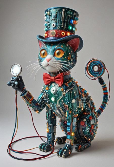 embedding:lazmpos, Transistors, pcb_style, LED, colorful LED lights, RGB lights, red green and blue cat, art deco, top hat, cane, monocle,RetroBG