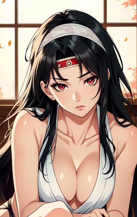 <lora:Kurenai Yuhi:0.4> Kurenai Yuhi, female focus, solo, leaf, 1girl, black hair, long hair, headband, solo, medium breasts, mature, (Halter top dress), indoors, dutch angle, strap slip, (looking at viewer, leaning towards viewer, down on hands and knees) red eyes, perfect lighting, ((shining face, shining body)), perfect face, make up, eye shadow, ((gorgeous)), Extremely beautiful, perfect, (masterpiece:1.2), (best quality:1.2), cinematic, perfect skin, perfect lighting, textured skin, detail, beauty, overall, hour glass body, sharp focus, ultra-detailed, illustration, perfect face, ((gorgeous)), Extremely beautiful, perfect, detailed background, seductive, alluring, ((Shonen Style)), (detailed background, intricate background:1.1), beautiful ((Extremely Detailed)), ((Best Quality)), ((Masterpiece)), ((4k))