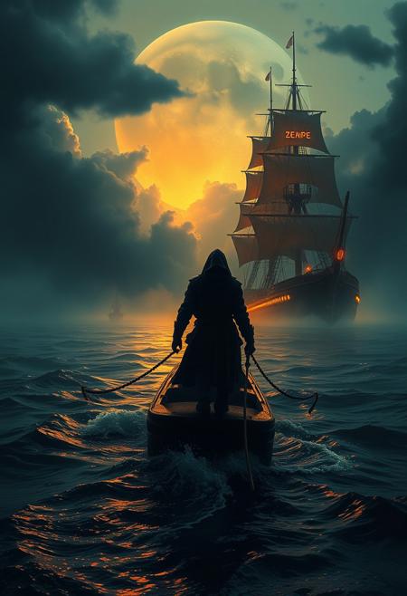 A ferryman guiding lost souls across a river of ink-black water
dark cinematic maritime fantasy, mysterious cyberpunk figures, dramatic stormy seascapes, glowing celestial skies, painterly textures, intense chiaroscuro lighting, mythic futuristic sailors, towering ghostly ships, misty neon-lit ocean horizons, surreal atmospheric depth, moody golden-hour glow, cybernetic explorers, cosmic sea voyages, gritty yet luminous color palette, surreal dreamlike oceanic landscapes