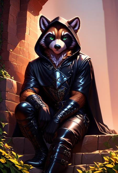 score_9, score_8_up, score_7_up,score_9, score_8_up, score_7_up, ((High fantasy art style)), solo, male, white and black raccoon, black hooded cloak, black leather breastplate, black leather greaves, black leather pauldrons, black leather boots, ((detailed green eyes)), sighing sitting, leaning on stone wall