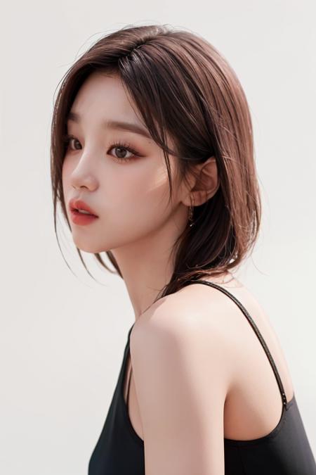 (masterpiece,best quality,realistic:1.3),1girl,solo,upper_body,sleeveless_shirt,bare_shoulders,(white_background,simple_background:1.3), (ulzzang-6500-v1.1:0.3), yuqi,<lora:yuqi_nv:0.7>