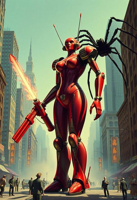 score_9, score_8_up, score_7_up, ArsMovieStill, movie still from a 1930s technicolor movie, a giant colorfoul robot human sexy woman form with A big weapon two antennas fighting with a giant spider in a city