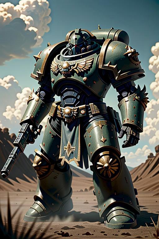 best quality,masterpiece,highly detailed,ultra-detailed, photo, photo-realistic, outdoors, blue sky, farmland, no humans, warhammer40k, armor, shoulder armor, power armor, greebles, realistic