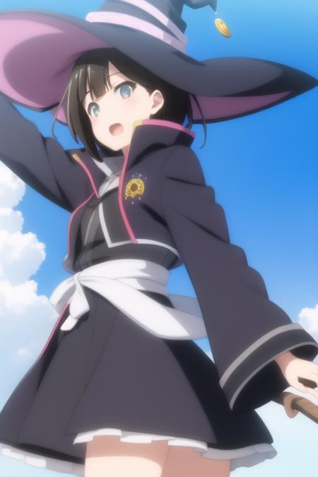 masterpiece, best quality, 1girl, saya \(majo no tabitabi\), witch hat, sky, blue sky, cowboy shot, open mouth