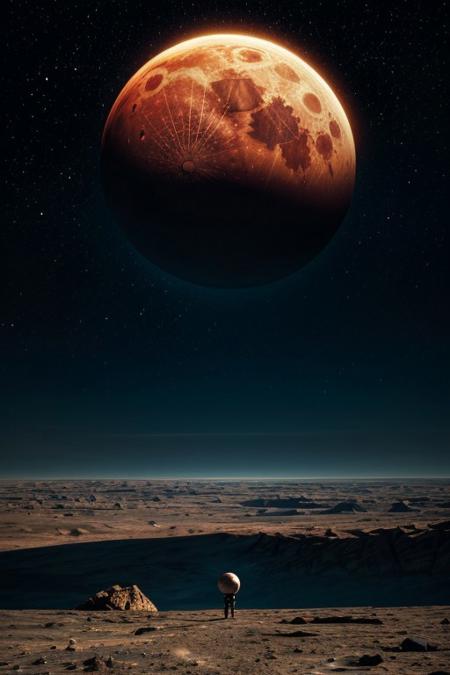 score_9, score_8_up, score_7_up, score_6_up, score_5_up, score_4_up, (absurdres, best quality, masterpiece:1.4), illustration, photorealistic, cinematic lighting, dynamic angle, perfect composition, planet, cratered moon, barren landscape, distant planet, harsh terrain, deep craters, shadows, lonely outpost, minimalistic, silence, starry background