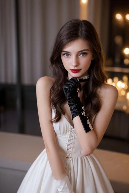 stunning woman, extremely beautiful, 20 years old, petite, delicate face, extremely detailed, photorealistic, hires, blush, rouge, lipstick, cute nose, ribbon, choker, mole, porcelain skin, elegant dress, night club, elbow gloves