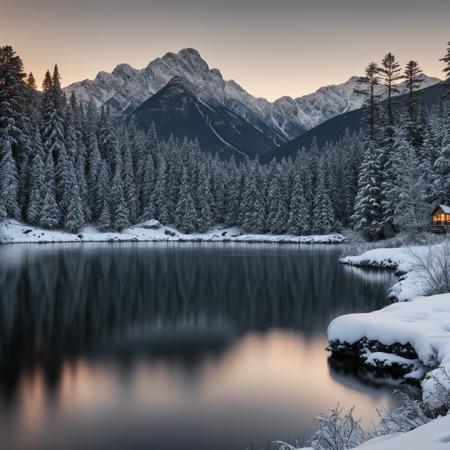 Wide angle photo of a lake, winter, night time, (good composition), (in frame), centered, 8k, 4k, detailed, attractive, beautiful, impressive, photorealistic, realistic, cinematic composition, volumetric lighting, high-resolution, vivid, detailed, stunning, professional, lifelike, crisp, flawless, DSLR, 4k, 8k, 16k, 1024, 2048, 4096, detailed, sharp, best quality, high quality, highres, absurdres