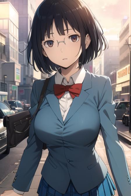 anrisonohara, <lora:anri sonohara s1-lora-nochekaiser:1>,
anri sonohara, short hair, black hair, (brown eyes:1.3), glasses, bob cut,
BREAK skirt, school uniform, shirt, white shirt, collared shirt, blazer, blue blazer, bow, red bow, blue skirt,
BREAK indoors, classroom,
BREAK looking at viewer, (cowboy shot:1.5),
BREAK <lyco:GoodHands-beta2:1>, (masterpiece:1.2), best quality, high resolution, unity 8k wallpaper, (illustration:0.8), (beautiful detailed eyes:1.6), extremely detailed face, perfect lighting, extremely detailed CG, (perfect hands, perfect anatomy),