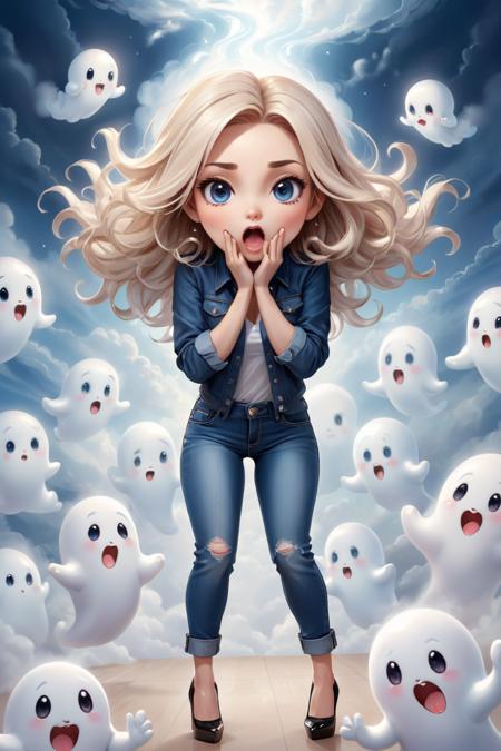 Photorealistic chibi art style, a beautiful woman in jeans and high heels, facing the viewers pretending to be scared, both hands on face, artistic, artist, simple volumtric light background, swirling clouds, ColorART, many cute ghosts with tongues out, chibi,