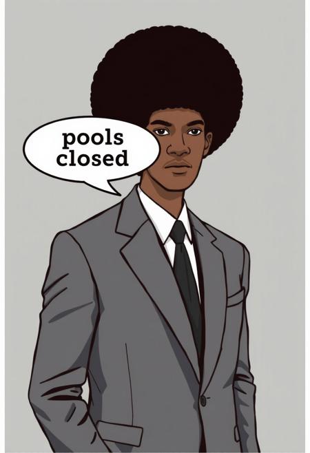 text bubble:"pools closed" warns a nicely dressed man in a gray suit with a large afro