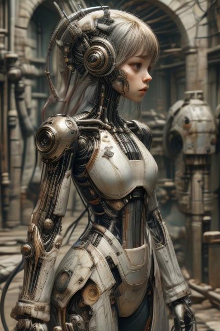 (best quality, masterpiece), (intricate details), unity 8k wallpaper, ultra detailed, beautiful and aesthetic, (photorealistic:1.4),
from side, three quarter length portrait, 
scandianvian woman, science fiction, star wars style, standing,
reelmech, mechanical parts, joints, mecha,
cable, electric wires, microchip, mechanical parts,
beautiful face, perfect face,
very long curly cornflower blue:1.5 hair,
beautiful background star wars space ship,