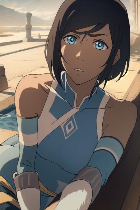 lhkorra, korra, long hair, blue eyes, brown hair, dark skin, dark-skinned female, hair tubes, normkorra, korra, long hair, blue eyes, brown hair, ponytail, dark skin, dark-skinned female, hair tubes, topknot, shkorra, korra, short hair, blue eyes, black hair, dark skin, dark-skinned female, fur trim, bare shoulders, armband, armlet, vambraces, bracer, pants, armband, green pants, bare shoulders,