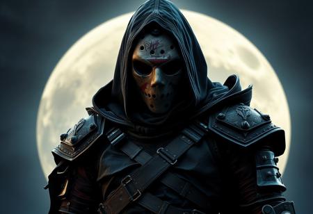 Create a  image of a grimdark Jason Voorhees-inspired character, standing on the moon, with a pointed chin and dark, hooded wraith-like attire. The character should be wearing black and reddish-colored armor with a mix of sci-fi and fantasy elements. Incorporate heavy filmgrain, a grainy damaged photo aesthetic, and detailed textures. The image should have a Bioshock-inspired atmosphere, with a focus on the character's tyrannical presence. Integrate elements of the Doctor Who series and Xenomorph aliens, while maintaining a fantasy setting. The image should be reminiscent of the works of Eamon Everall, Greg Rutkowski, and Toni Villeneuve, with a focus on beautiful lighting and a hyper-detailed, high-contrast aesthetic.hd,hq,micro details,lifelike details,golden ratio
