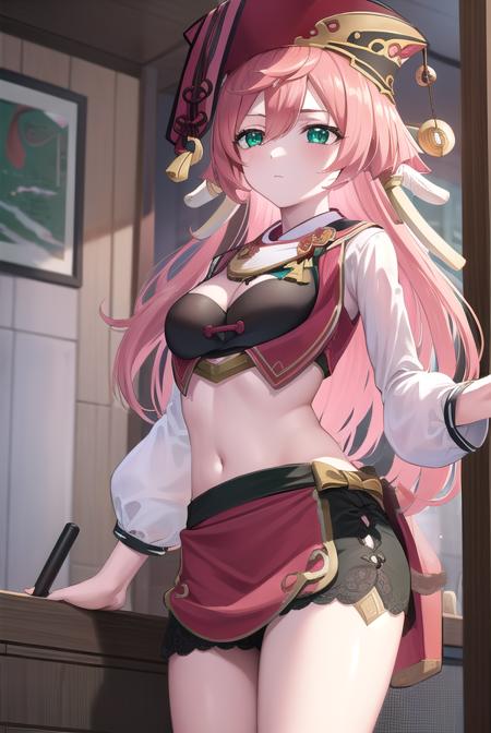 yanfei, antlers, horns, pink hair, long hair, hair between eyes, (green eyes:1.5), black bra, black shorts, boots, bow, bra, high heels, long sleeves, midriff, navel, red headwear, red skirt, red vest, shorts, skirt, two-tone footwear, vest, yellow bow,