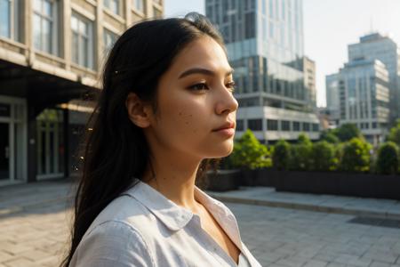 ultra-realistic, masterpiece, ultra quality, ultra-detailed human body,ultra-detailed human face,ultra-detailed human texture skin,soft light and shadow,lighting up her face, linear perspective, side view, cinematic, 24mm lens, low view, editorial photography,
1girl,European woman, black hair,tattoo, long hair, building, city, day, depth of field, east architecture, looking at viewer, outdoors, photo background, skyscraper, stained glass,